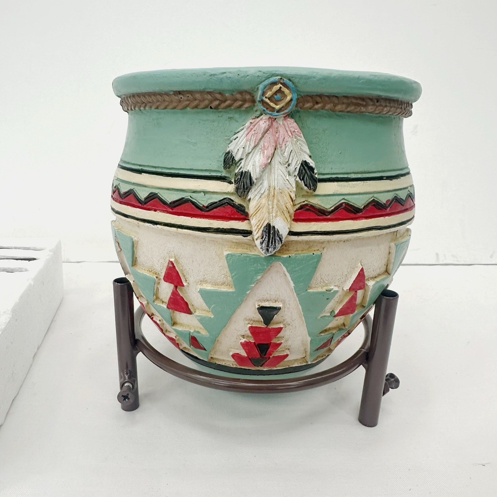 Art Pottery Planter Aztech Red Turquoise Native American 10" Tall On Stand